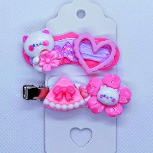 Handmade Two-Piece Kawaii Decoden Hair Clip Set - Lovely Kitten - Version B